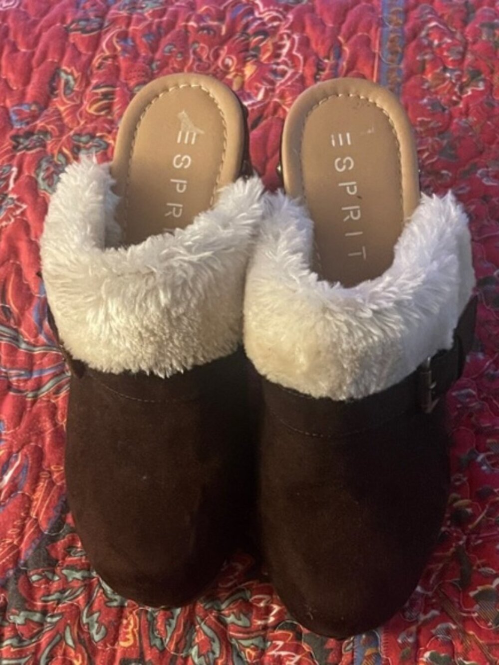 Esprit Cozy Brown Mules with Cream Fur Like New!